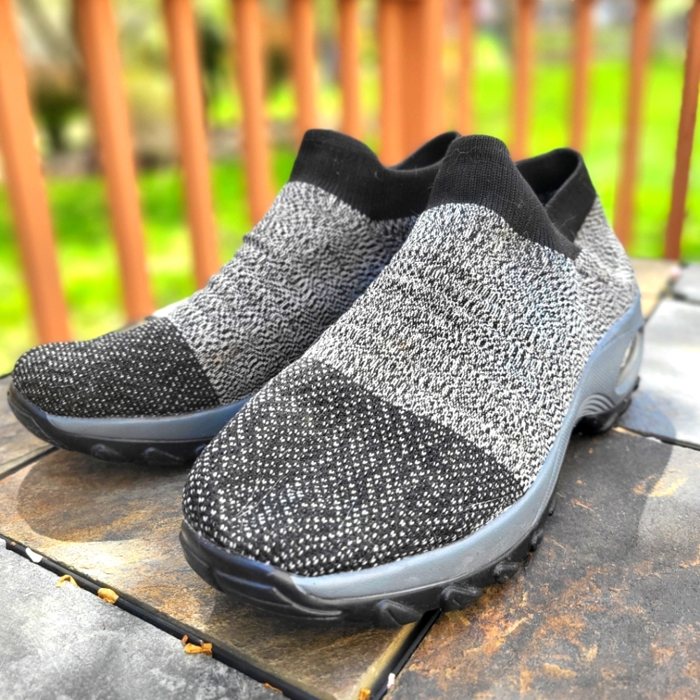 Black and Gray Knit Slip-On Shoes